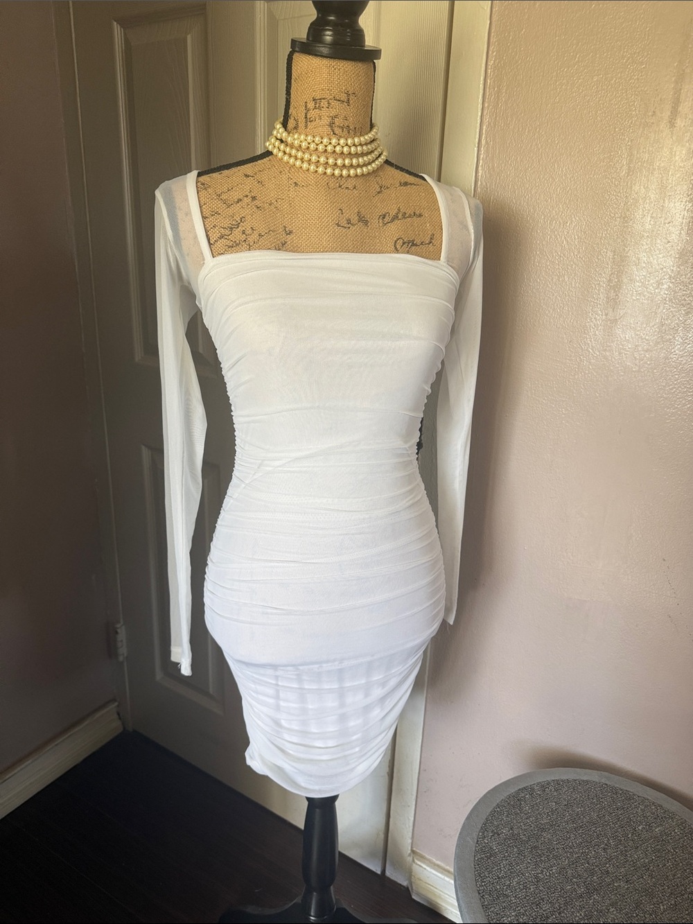Fashion Nova White Long Sleeve Ruched Midi Dress